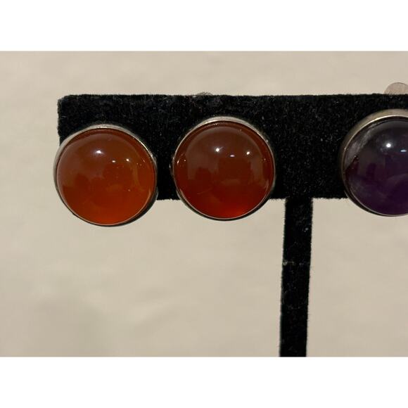 Natural Amethyst & Carnelian Vintage Clip On Earrings Silver Tone - Picture 3 of 5